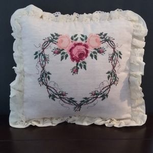 Completed Counted Cross Stitch Rose Heart Pillow